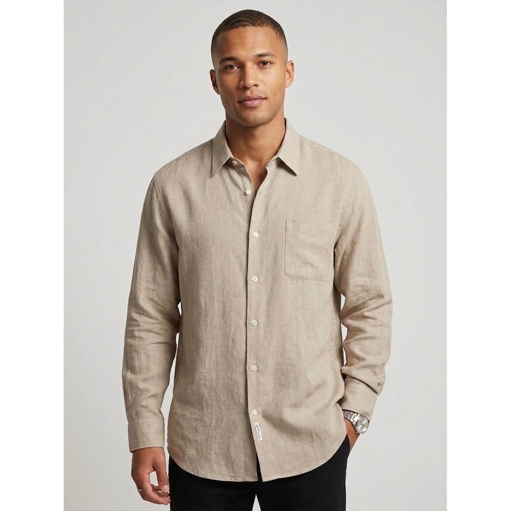 DKNY Mens 100% Linen Long Sleeve Button Up Shirt Tan Beige Size L RN58596